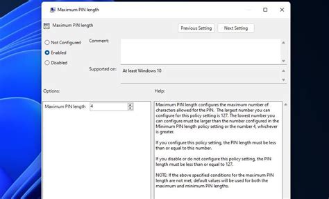 pin length policy windows 10